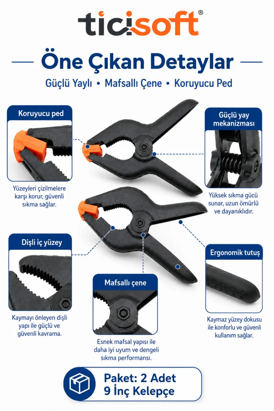 2 Adet 9 İnç Mandal Tipi Plastik Kelepçe Seti Güçlü Yaylı Mafsallı Çene İşkence Kıskaç