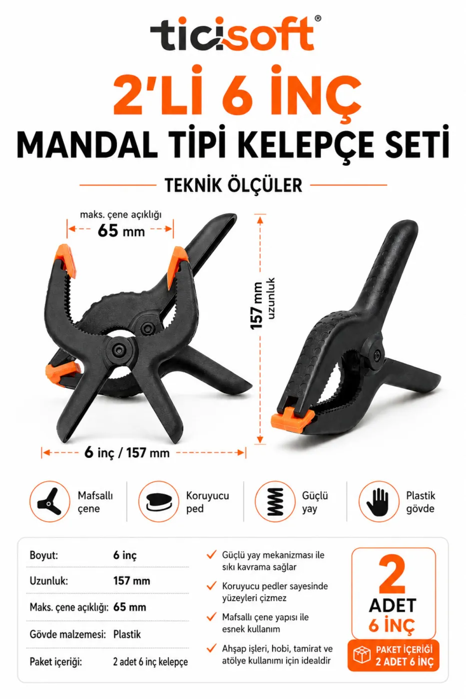 2 Adet 6 İnç Mandal Tipi Plastik Kelepçe Seti Güçlü Yaylı Mafsallı Çene İşkence Kıskaç