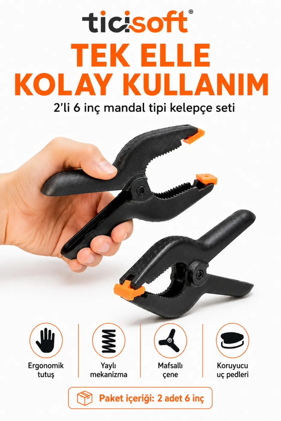 2 Adet 6 İnç Mandal Tipi Plastik Kelepçe Seti Güçlü Yaylı Mafsallı Çene İşkence Kıskaç