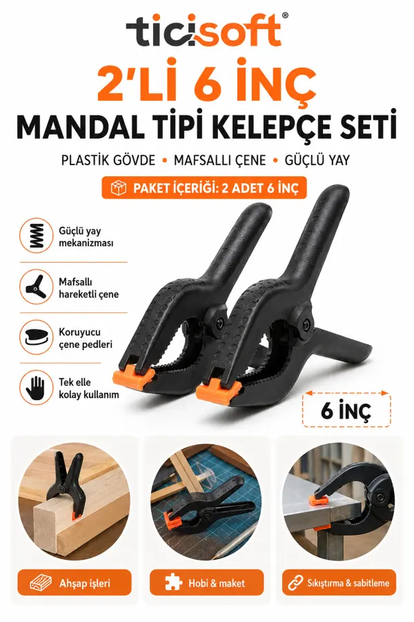 2 Adet 6 İnç Mandal Tipi Plastik Kelepçe Seti Güçlü Yaylı Mafsallı Çene İşkence Kıskaç