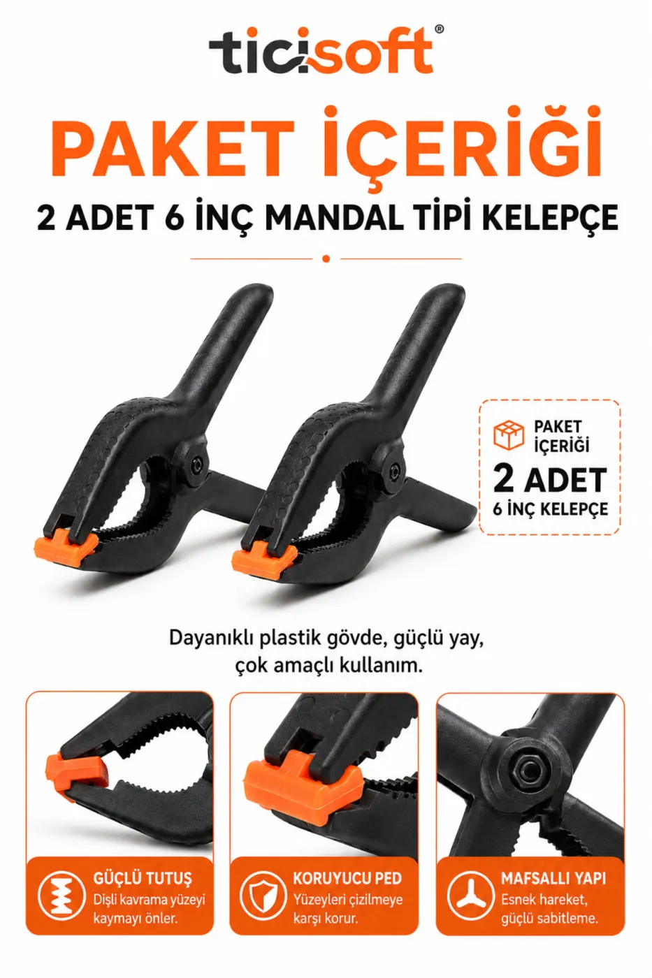 2 Adet 6 İnç Mandal Tipi Plastik Kelepçe Seti Güçlü Yaylı Mafsallı Çene İşkence Kıskaç