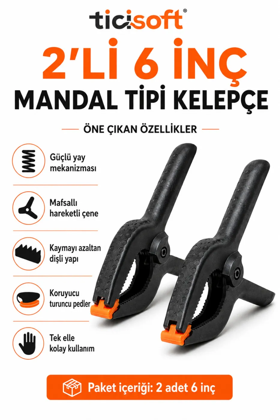 2 Adet 6 İnç Mandal Tipi Plastik Kelepçe Seti Güçlü Yaylı Mafsallı Çene İşkence Kıskaç