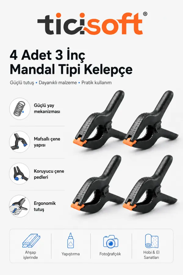 4 Adet 3 İnç Mandal Tipi Plastik Kelepçe Seti Güçlü Yaylı Mafsallı Çene İşkence Kıskaç