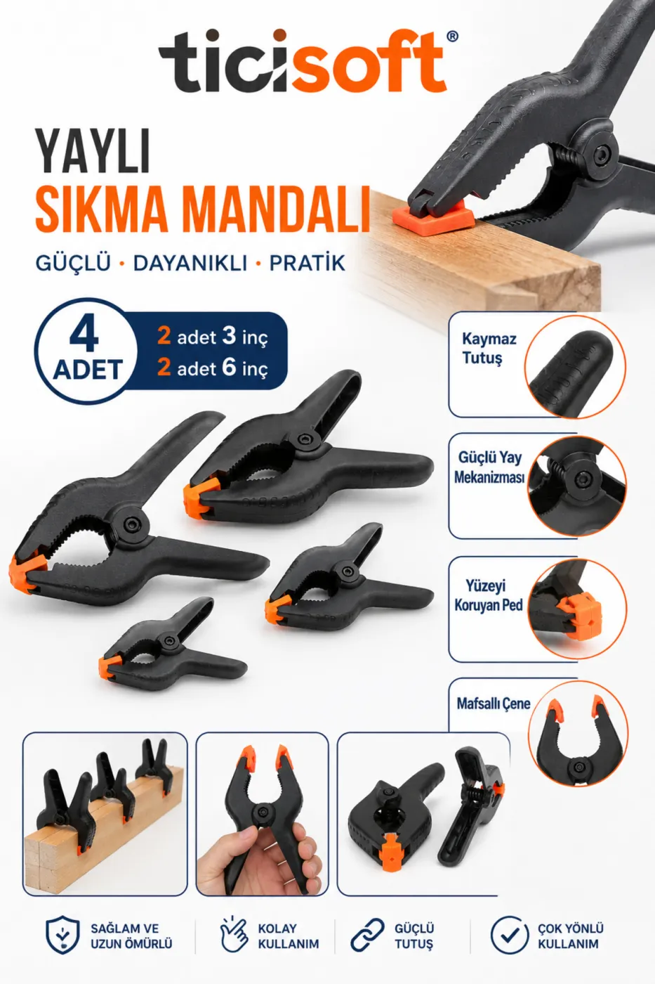 Mandal Tipi Plastik Kelepçe Seti 4 Parça 2 Adet 3 İnç + 2 Adet 6 İnç Güçlü Yaylı İşkence
