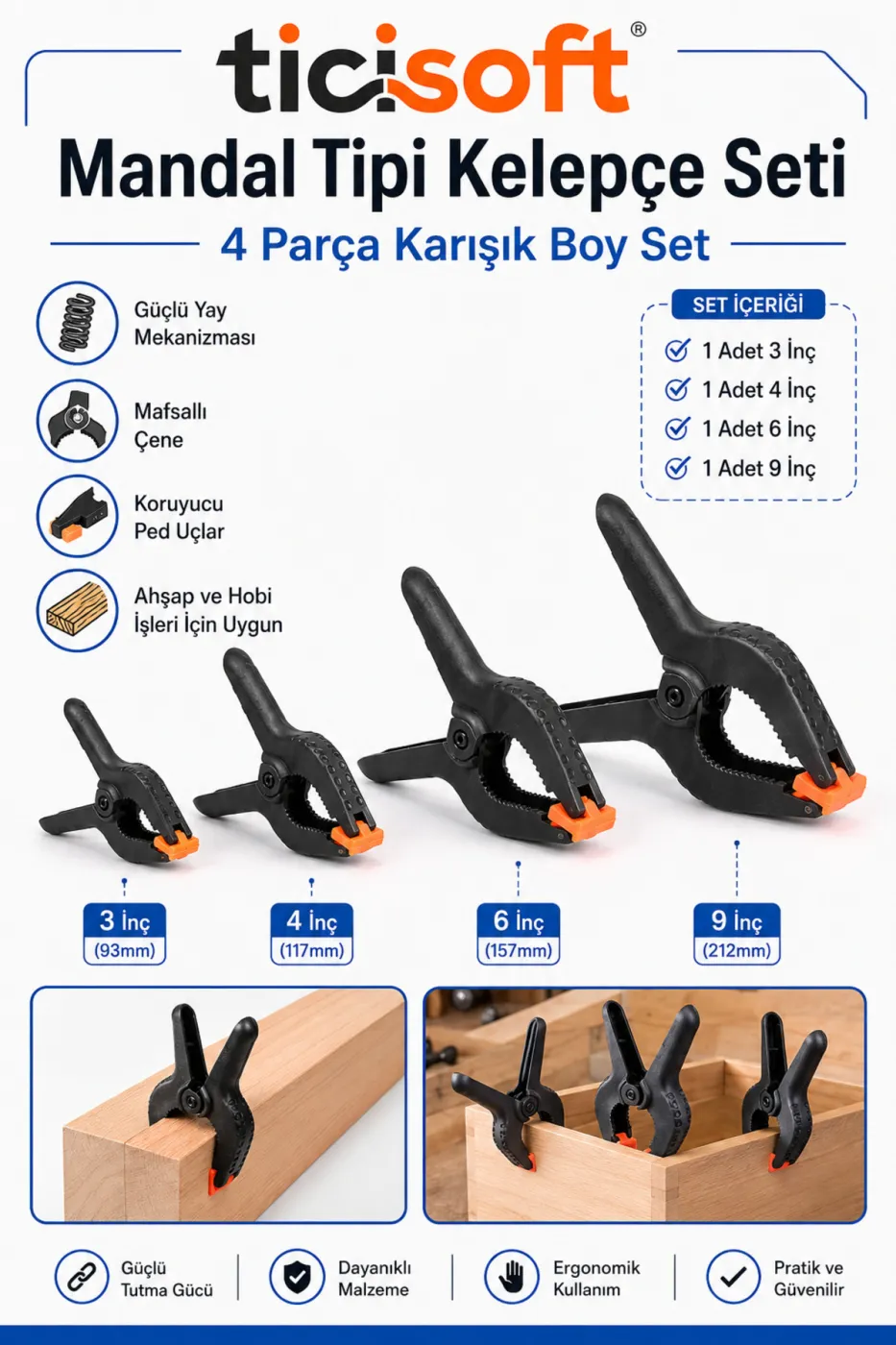 4 Parça Mandal Tipi Mengene Kelepçe Seti 3-4-6-9 İnç Güçlü Yaylı Mafsallı Çene Plastik Kıskaç İşkence