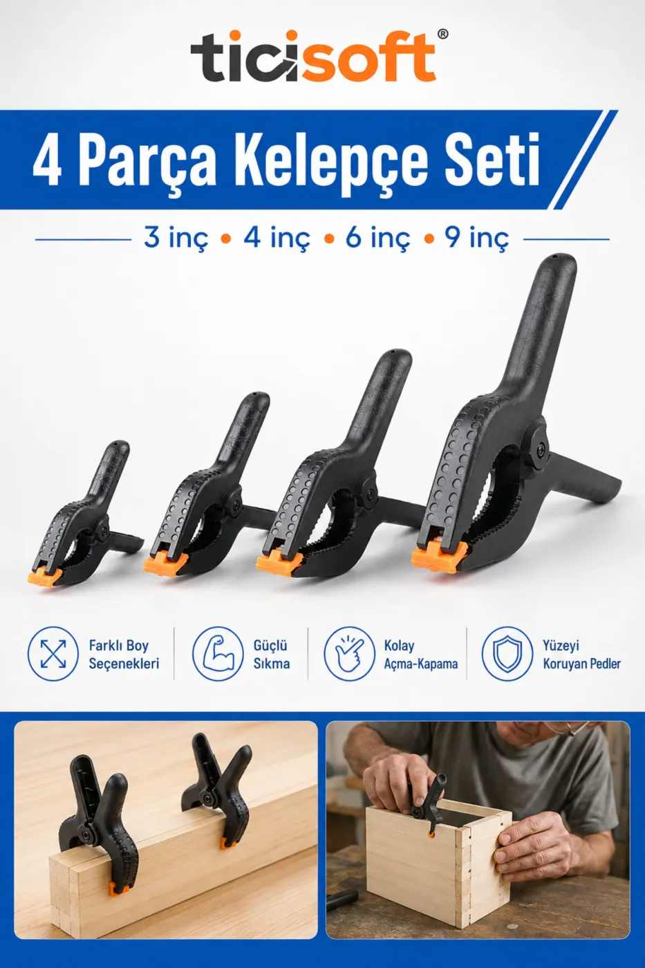 4 Parça Mandal Tipi Mengene Kelepçe Seti 3-4-6-9 İnç Güçlü Yaylı Mafsallı Çene Plastik Kıskaç İşkence