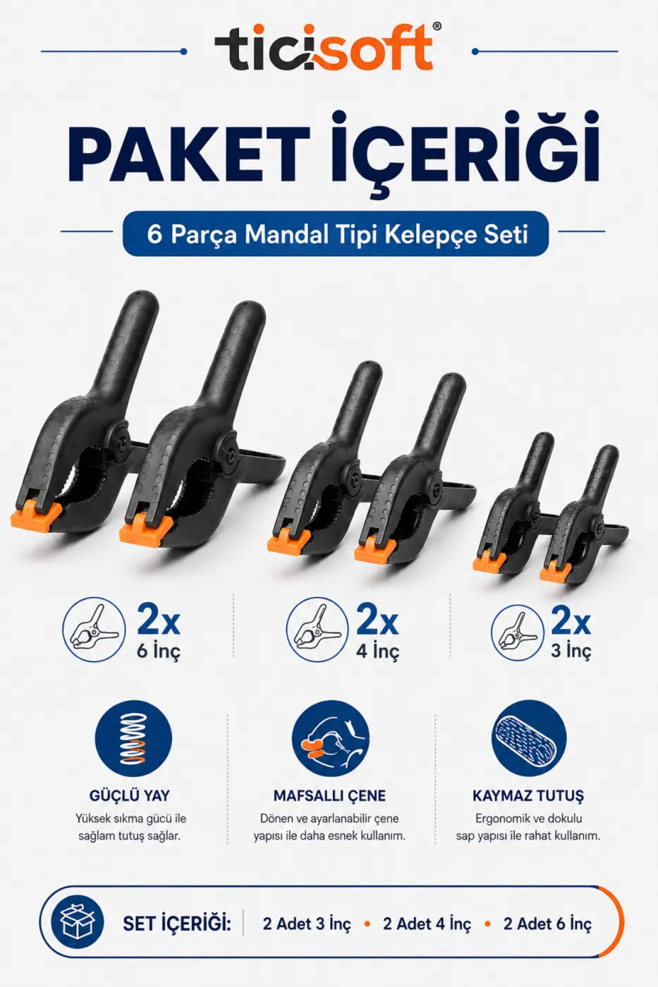 Mandal Tipi Plastik Kelepçe Seti Güçlü Mafsallı Çene İşkence Kıskaç 6 Parça (2x 3 İnç + 2x 4 İnç + 2x 6 İnç)