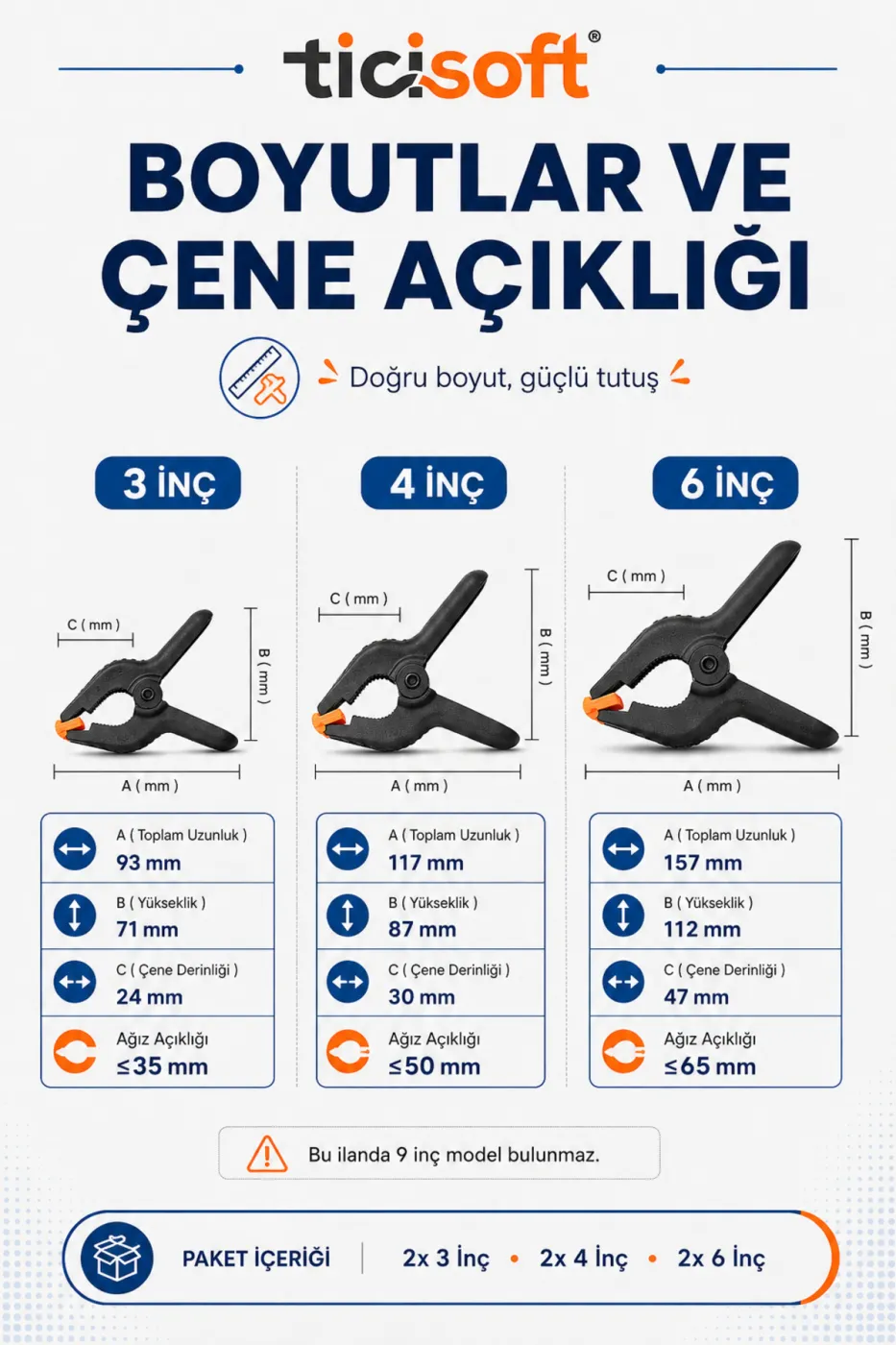 Mandal Tipi Plastik Kelepçe Seti Güçlü Mafsallı Çene İşkence Kıskaç 6 Parça (2x 3 İnç + 2x 4 İnç + 2x 6 İnç)