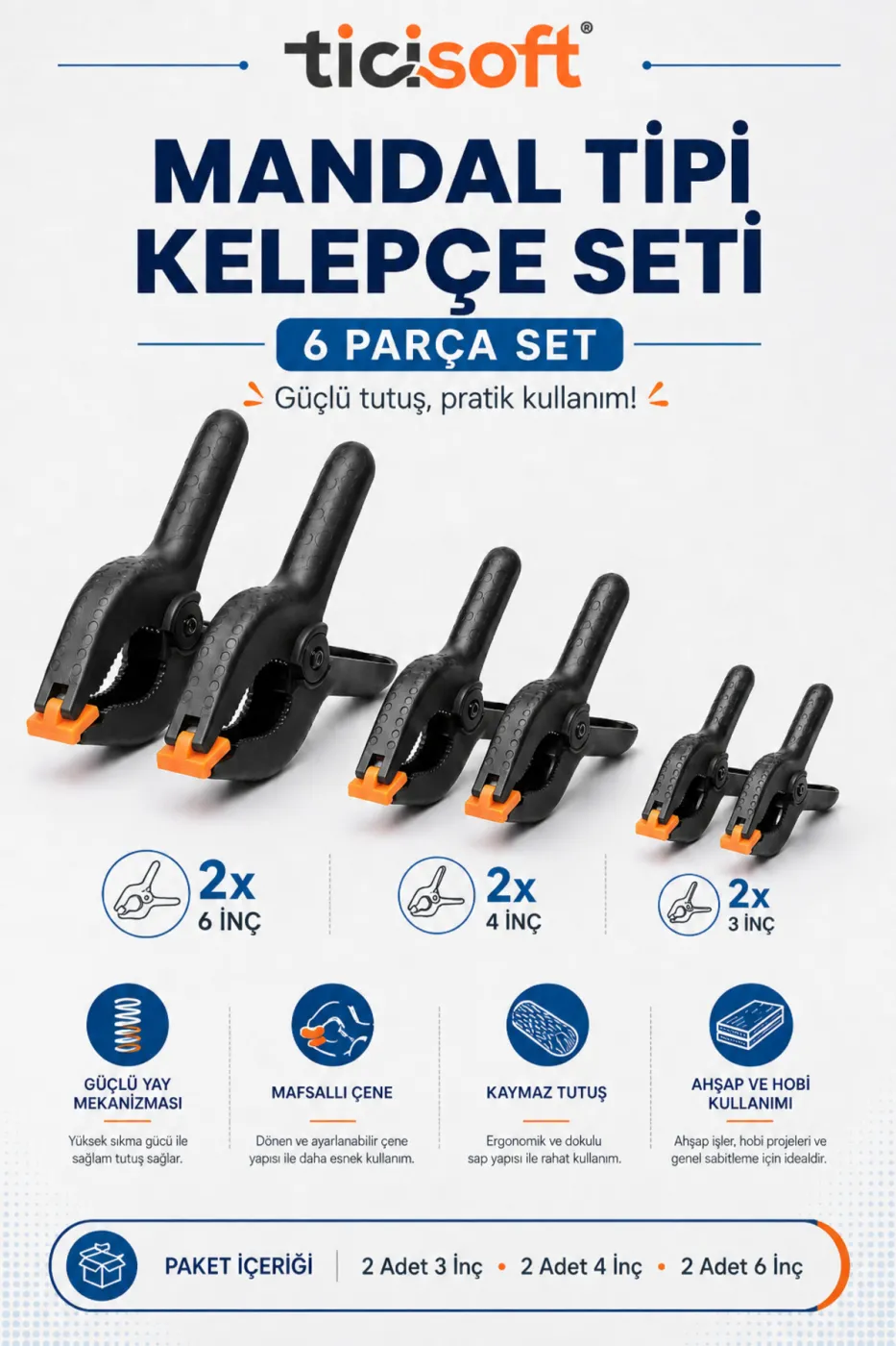 Mandal Tipi Plastik Kelepçe Seti Güçlü Mafsallı Çene İşkence Kıskaç 6 Parça (2x 3 İnç + 2x 4 İnç + 2x 6 İnç)