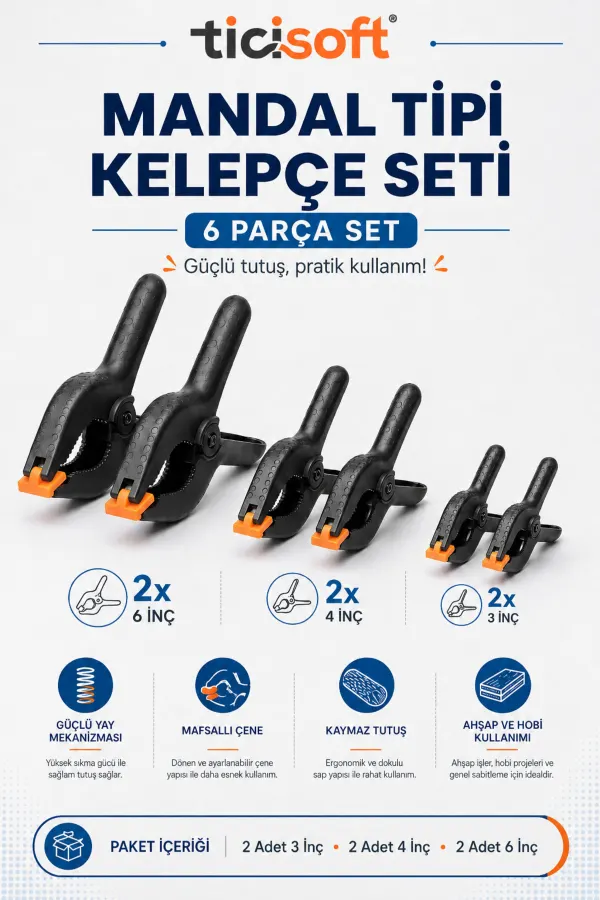 Mandal Tipi Plastik Kelepçe Seti Güçlü Mafsallı Çene İşkence Kıskaç 6 Parça (2x 3 İnç + 2x 4 İnç + 2x 6 İnç)
