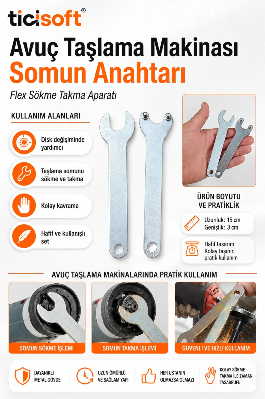 2 Parça Avuç Taşlama Makinesi Somun Anahtarı Seti Flex Disk Sökme Takma Pim Anahtarı ve Açık Ağız Anahtar