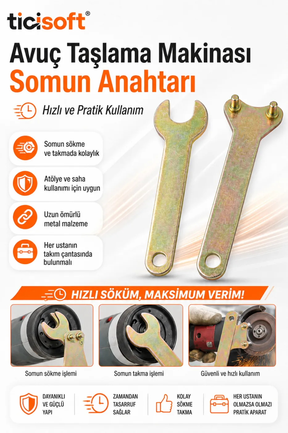 2 Parça Avuç Taşlama Makinesi Somun Anahtarı Seti Flex Disk Sökme Takma Pim Anahtarı ve Açık Ağız Anahtar