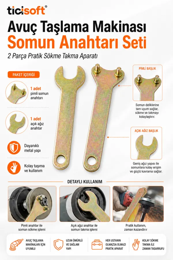 2 Parça Avuç Taşlama Makinesi Somun Anahtarı Seti Flex Disk Sökme Takma Pim Anahtarı ve Açık Ağız Anahtar