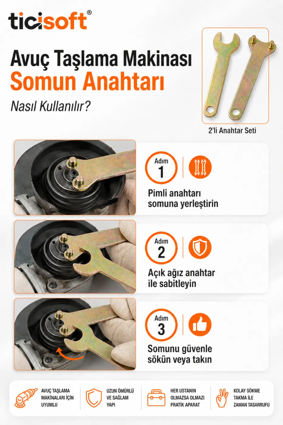 2 Parça Avuç Taşlama Makinesi Somun Anahtarı Seti Flex Disk Sökme Takma Pim Anahtarı ve Açık Ağız Anahtar