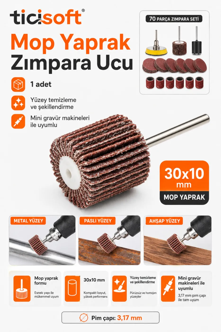Mini Gravür Makinesi İçin 70 Parça Zımpara Seti Cırt Taban Flap Disk Silindir Zımpara Takımı