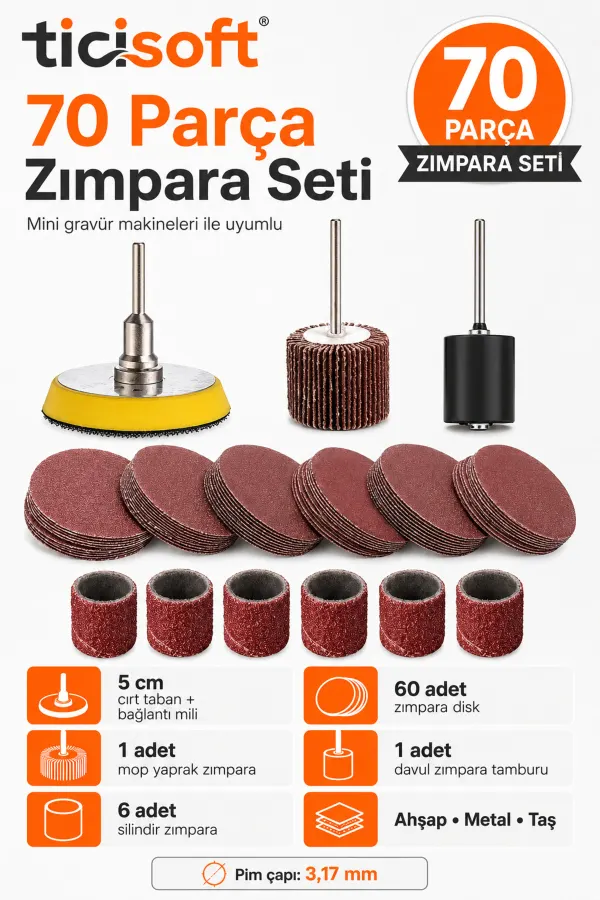 Mini Gravür Makinesi İçin 70 Parça Zımpara Seti Cırt Taban Flap Disk Silindir Zımpara Takımı