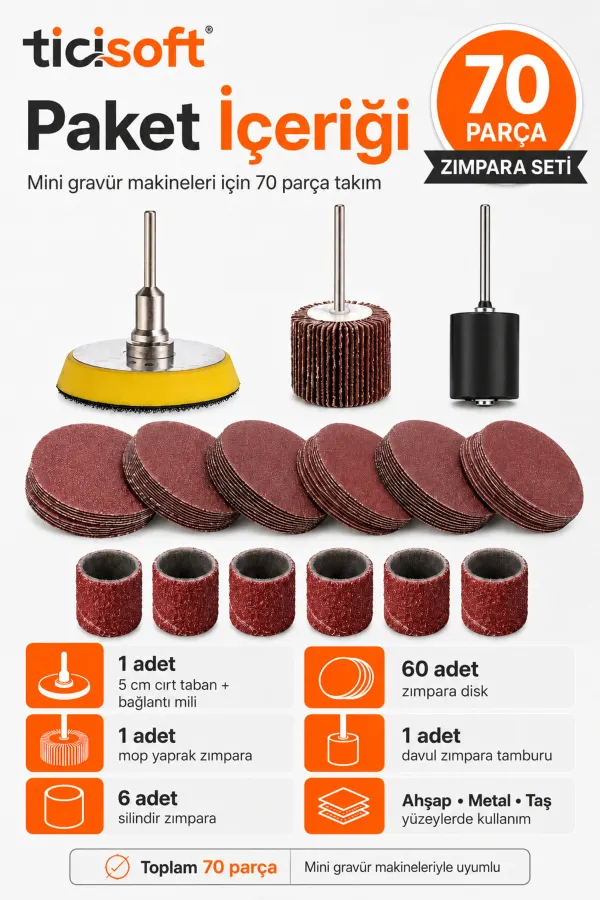 Mini Gravür Makinesi İçin 70 Parça Zımpara Seti Cırt Taban Flap Disk Silindir Zımpara Takımı