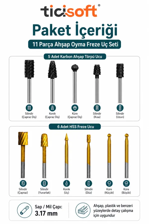 Mini Gravür Makinesi İçin 11 Parça Ahşap Oyma Freze Uç Seti 3.17 mm Şaftlı Törpü Delme Eğe Uçları