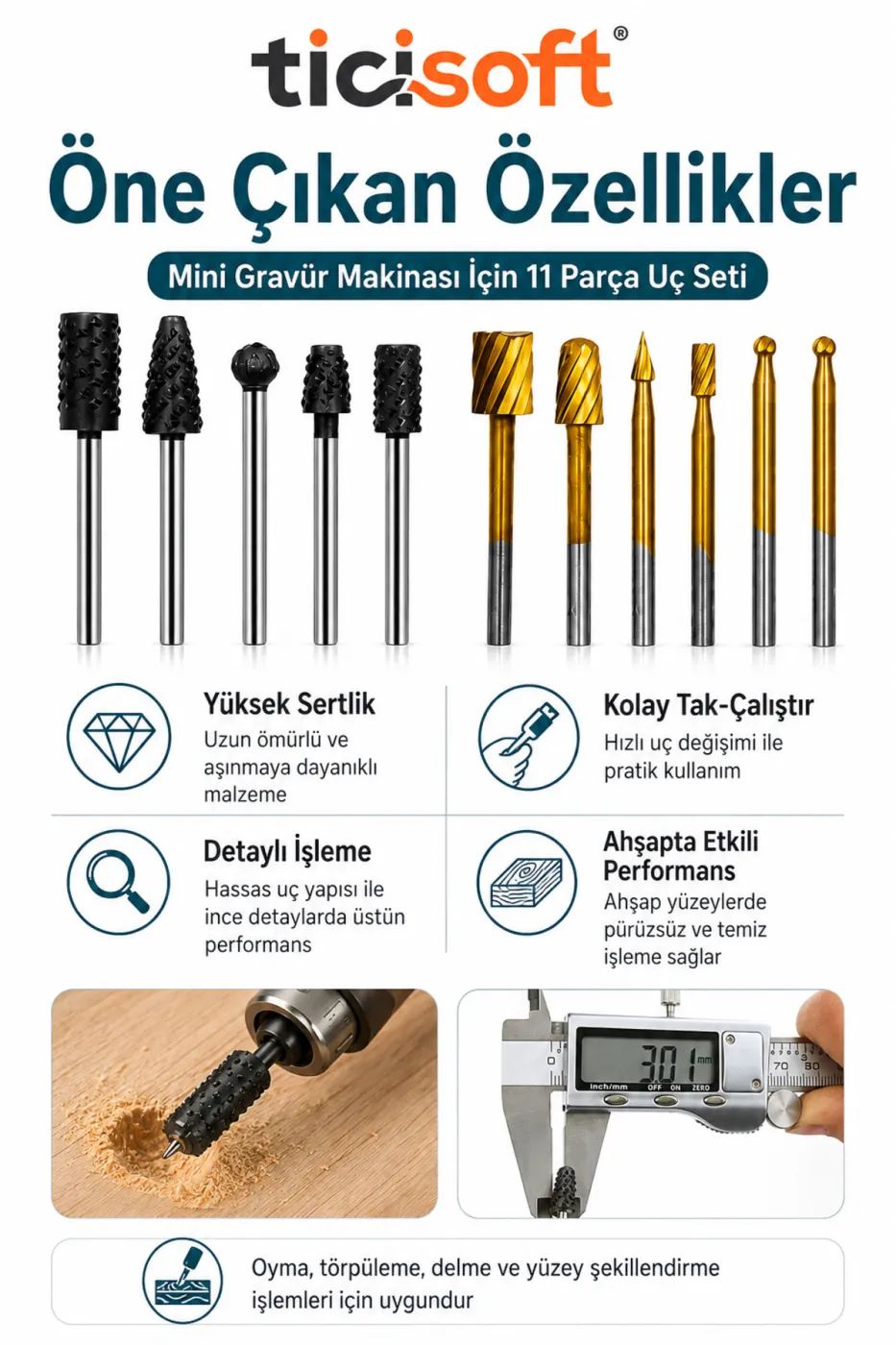 Mini Gravür Makinesi İçin 11 Parça Ahşap Oyma Freze Uç Seti 3.17 mm Şaftlı Törpü Delme Eğe Uçları