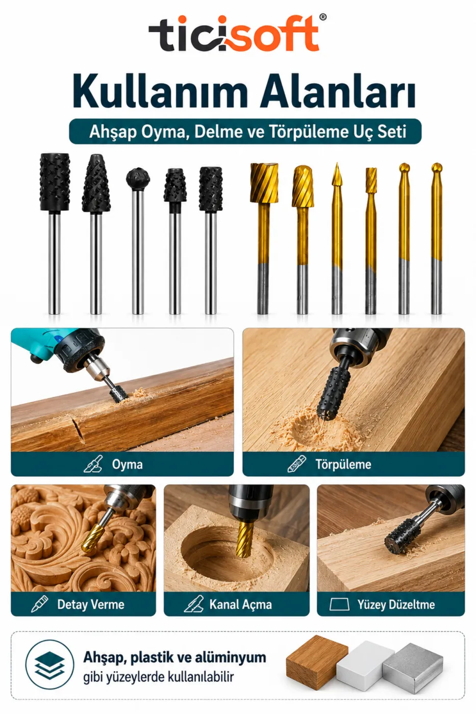 Mini Gravür Makinesi İçin 11 Parça Ahşap Oyma Freze Uç Seti 3.17 mm Şaftlı Törpü Delme Eğe Uçları