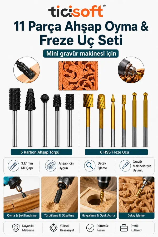 Mini Gravür Makinesi İçin 11 Parça Ahşap Oyma Freze Uç Seti 3.17 mm Şaftlı Törpü Delme Eğe Uçları