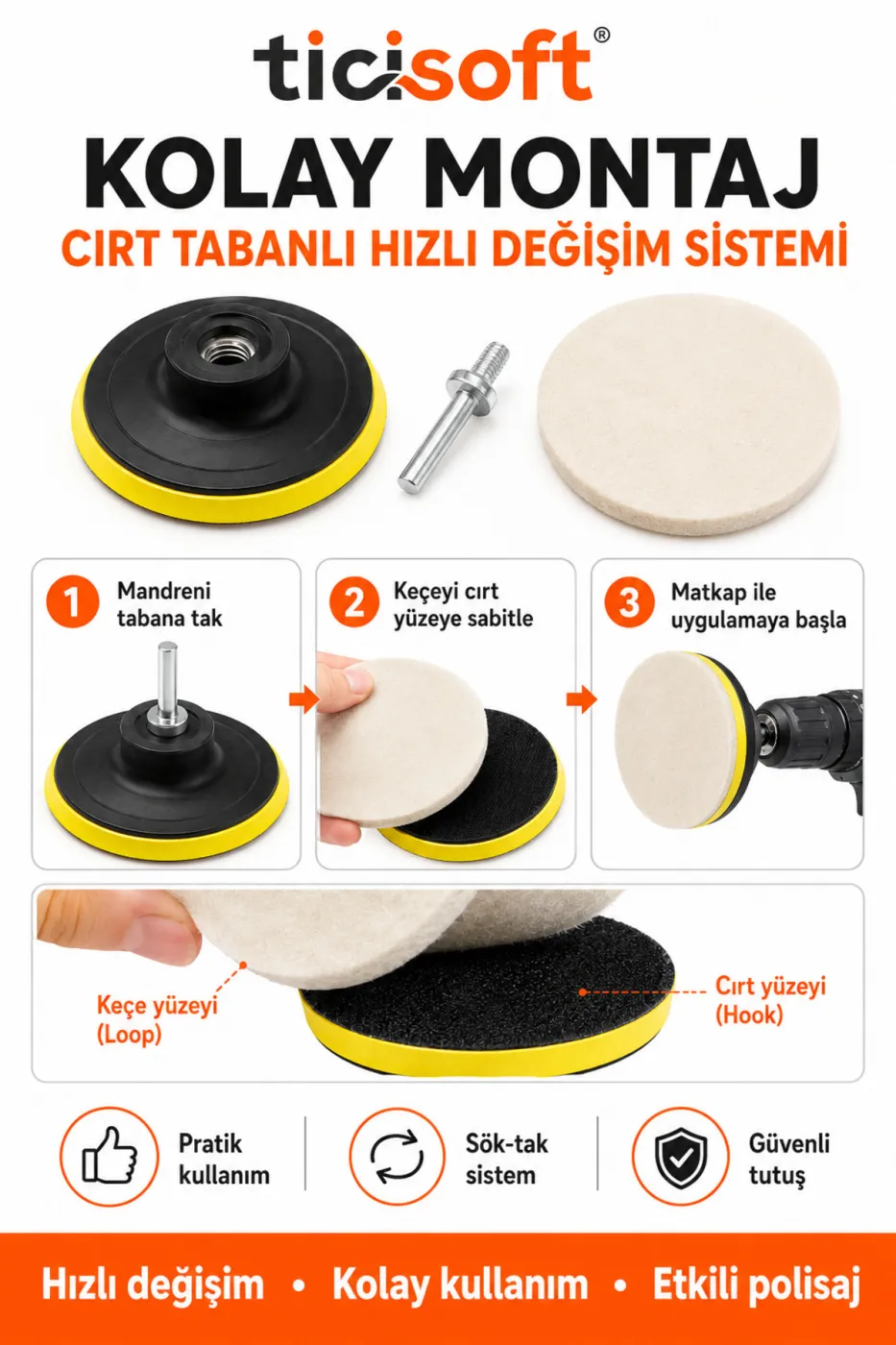 8 Parça 115 mm Polisaj Seti Yün Keçe Disk Cırtlı Taban Matkap ve Avuç Taşlama Uyumlu Far Cam Boya Parlatma Seti