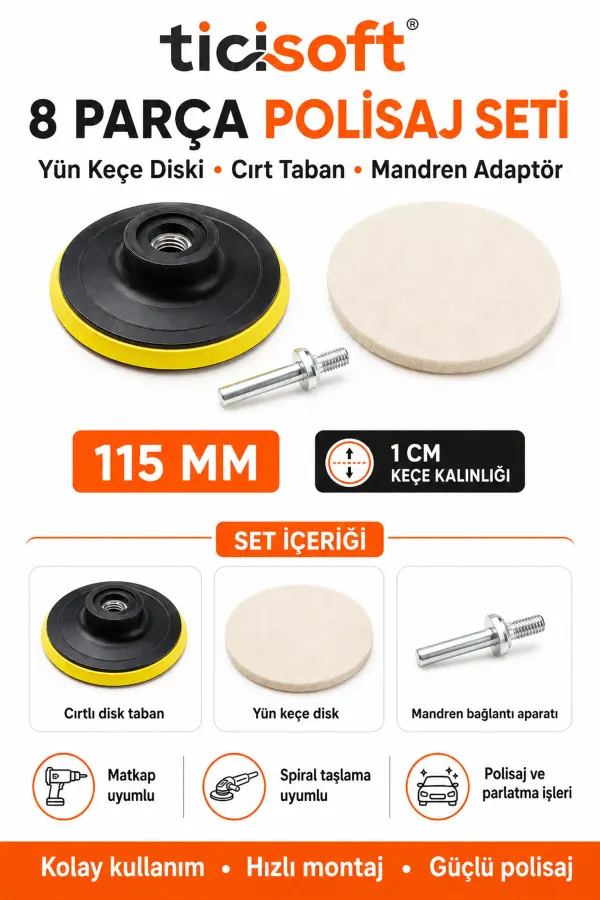 8 Parça 115 mm Polisaj Seti Yün Keçe Disk Cırtlı Taban Matkap ve Avuç Taşlama Uyumlu Far Cam Boya Parlatma Seti