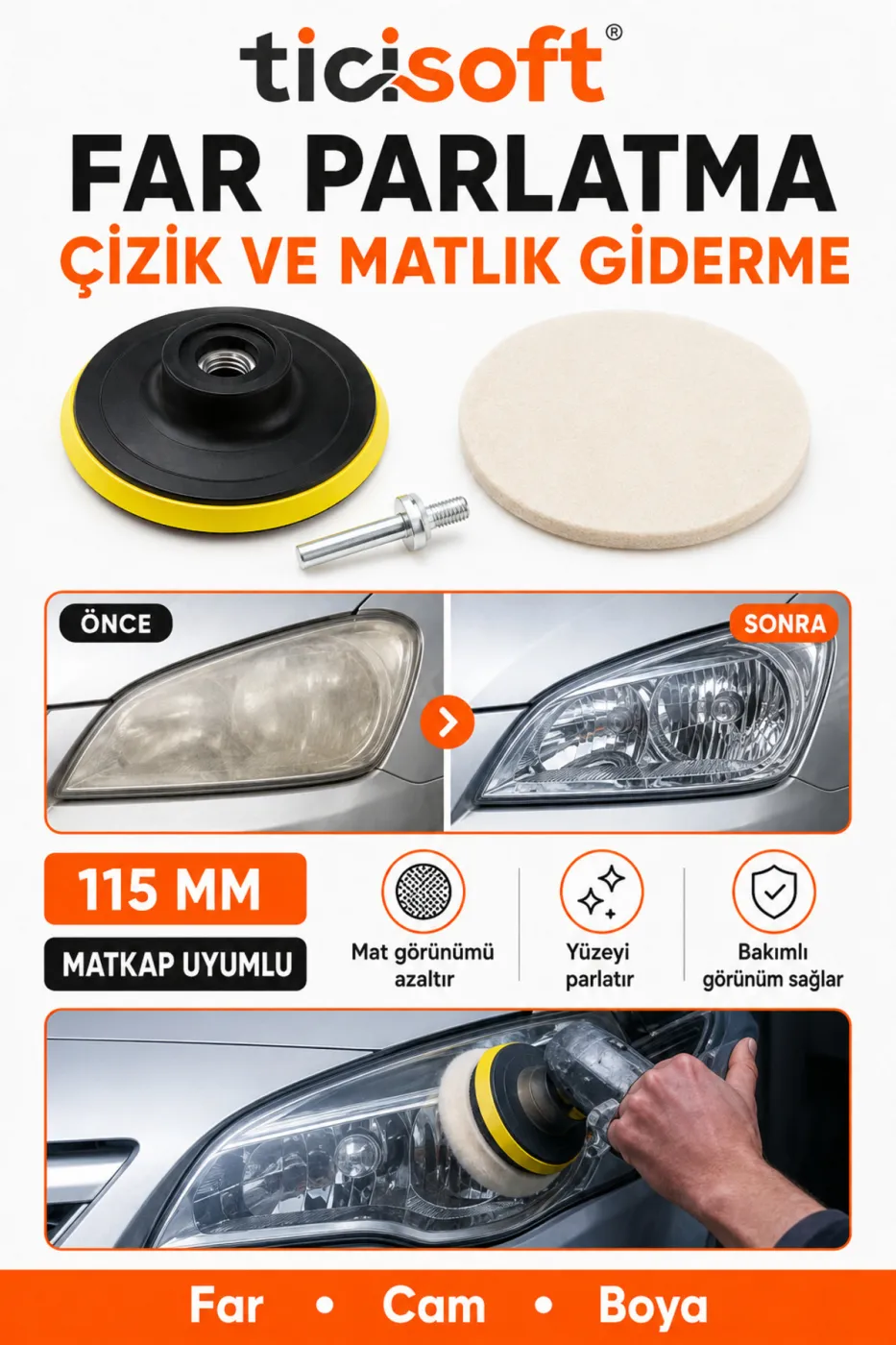 8 Parça 115 mm Polisaj Seti Yün Keçe Disk Cırtlı Taban Matkap ve Avuç Taşlama Uyumlu Far Cam Boya Parlatma Seti