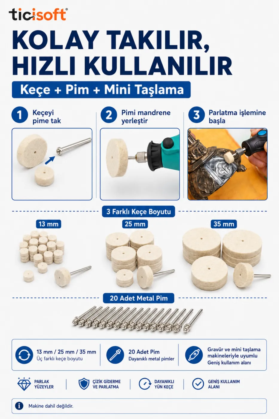 320 Parça Yün Keçe Polisaj Cila Parlatma Seti 13-25-35 mm 300 Adet Keçe + 20 Metal Pim Gravür Mini Taşlama Uyumlu