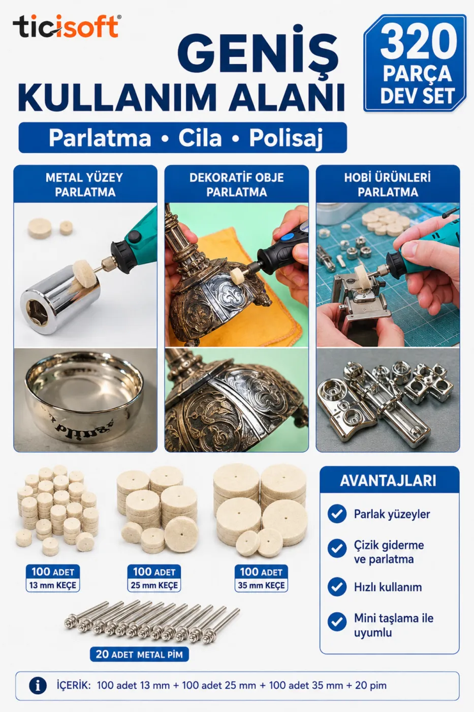 320 Parça Yün Keçe Polisaj Cila Parlatma Seti 13-25-35 mm 300 Adet Keçe + 20 Metal Pim Gravür Mini Taşlama Uyumlu