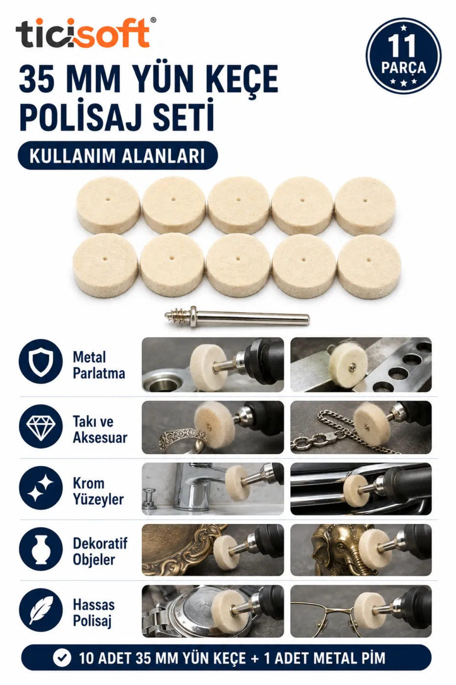 11 Parça 35 mm Yün Keçe Polisaj Cila Parlatma Seti 10 Adet Keçe + 1 Metal Pim Gravür Mini Taşlama Uyumlu
