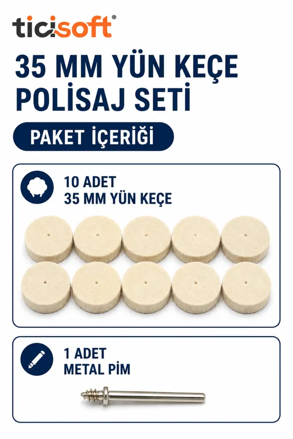 11 Parça 35 mm Yün Keçe Polisaj Cila Parlatma Seti 10 Adet Keçe + 1 Metal Pim Gravür Mini Taşlama Uyumlu