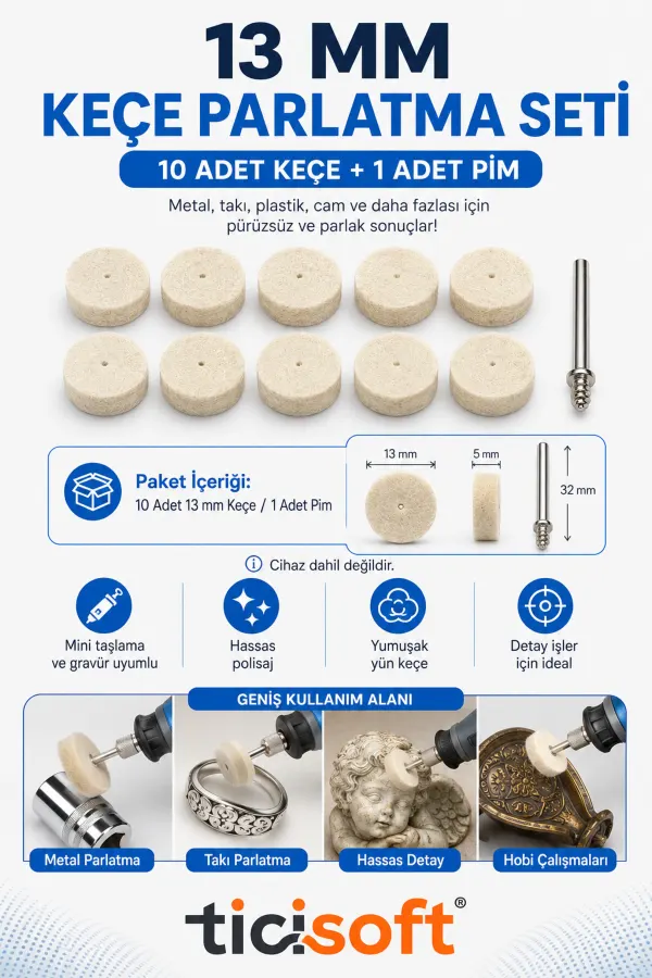 11 Parça 13 mm Yün Keçe Polisaj Parlatma Seti 10 Adet Mini Keçe + 1 Pim Gravür Dremel Mini Taşlama Uyumlu