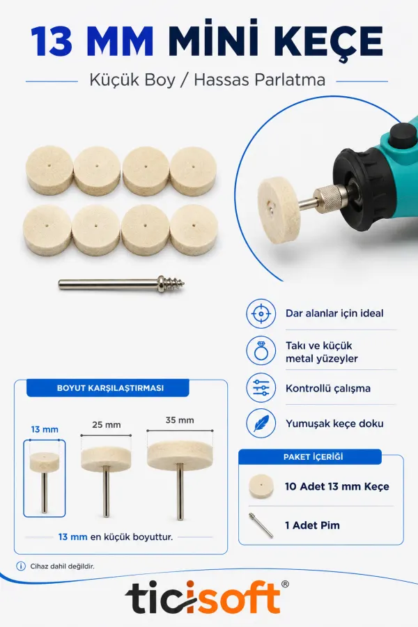 11 Parça 13 mm Yün Keçe Polisaj Parlatma Seti 10 Adet Mini Keçe + 1 Pim Gravür Dremel Mini Taşlama Uyumlu