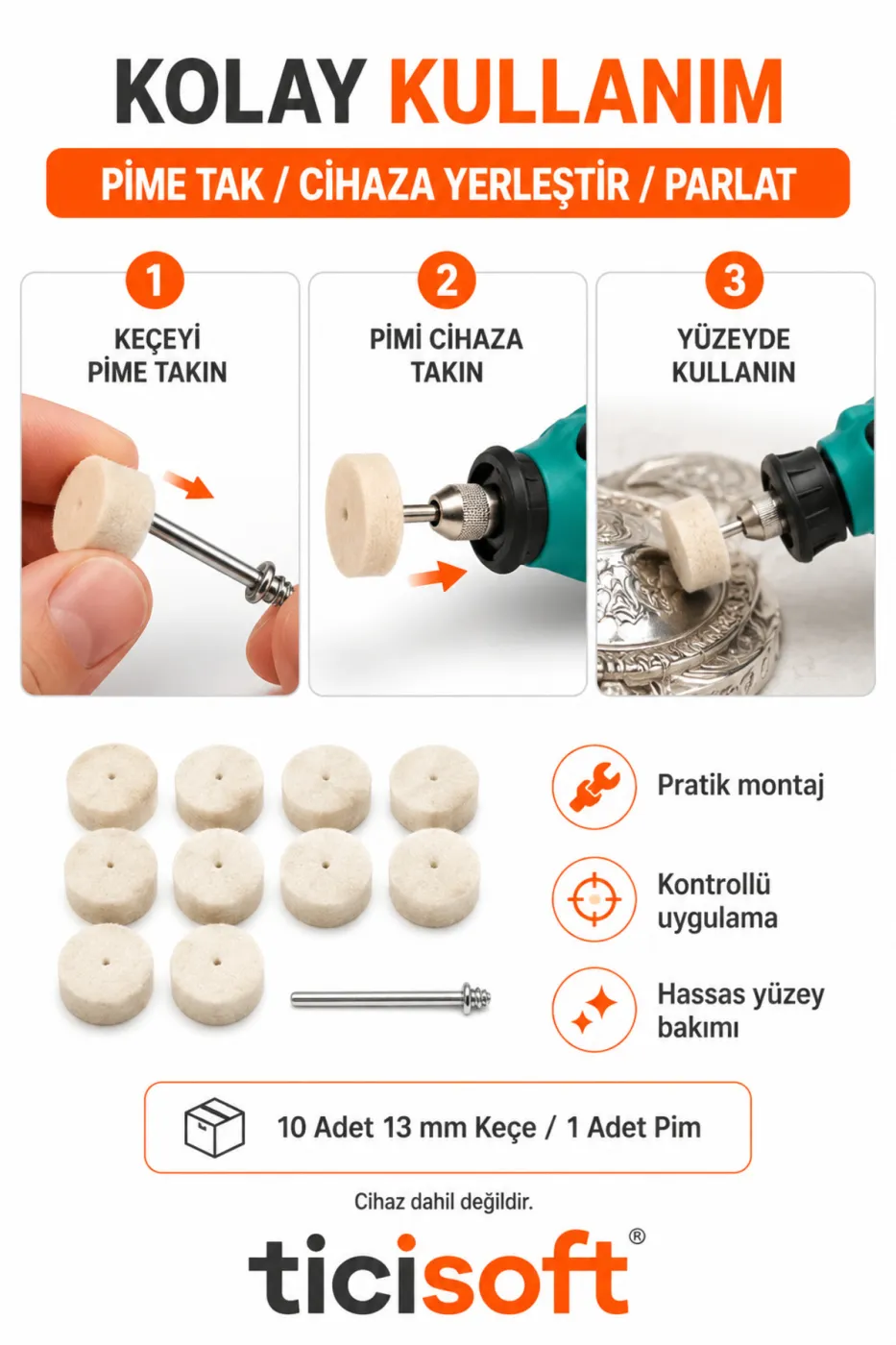 11 Parça 13 mm Yün Keçe Polisaj Parlatma Seti 10 Adet Mini Keçe + 1 Pim Gravür Dremel Mini Taşlama Uyumlu