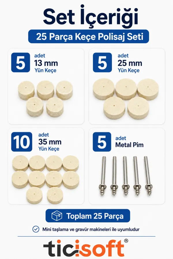 25 Parça Polisaj Cila Parlatma Keçe Seti 13-25-35 mm Yün Keçe Gravür Mini Taşlama Uyumlu 5 Pim