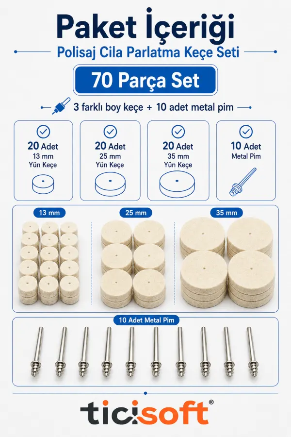 70 Parça Polisaj Cila Parlatma Keçe Seti 13-25-35 mm Yün Keçe Dremel Gravür Mini Taşlama Uyumlu 10 Pim