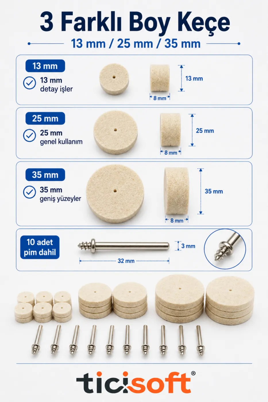 70 Parça Polisaj Cila Parlatma Keçe Seti 13-25-35 mm Yün Keçe Dremel Gravür Mini Taşlama Uyumlu 10 Pim