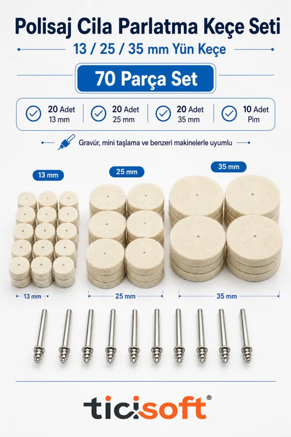 70 Parça Polisaj Cila Parlatma Keçe Seti 13-25-35 mm Yün Keçe Dremel Gravür Mini Taşlama Uyumlu 10 Pim