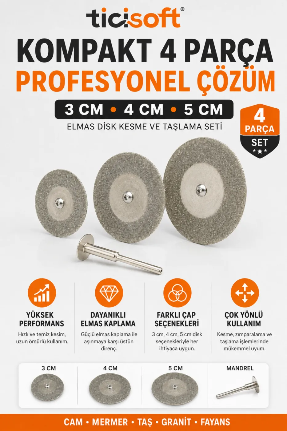 4 Parça Elmas Dremel Disk Seti 3-4-5 cm Cam Mermer Granit Taş Fayans Kesme Zımparalama Diski Mandrelli
