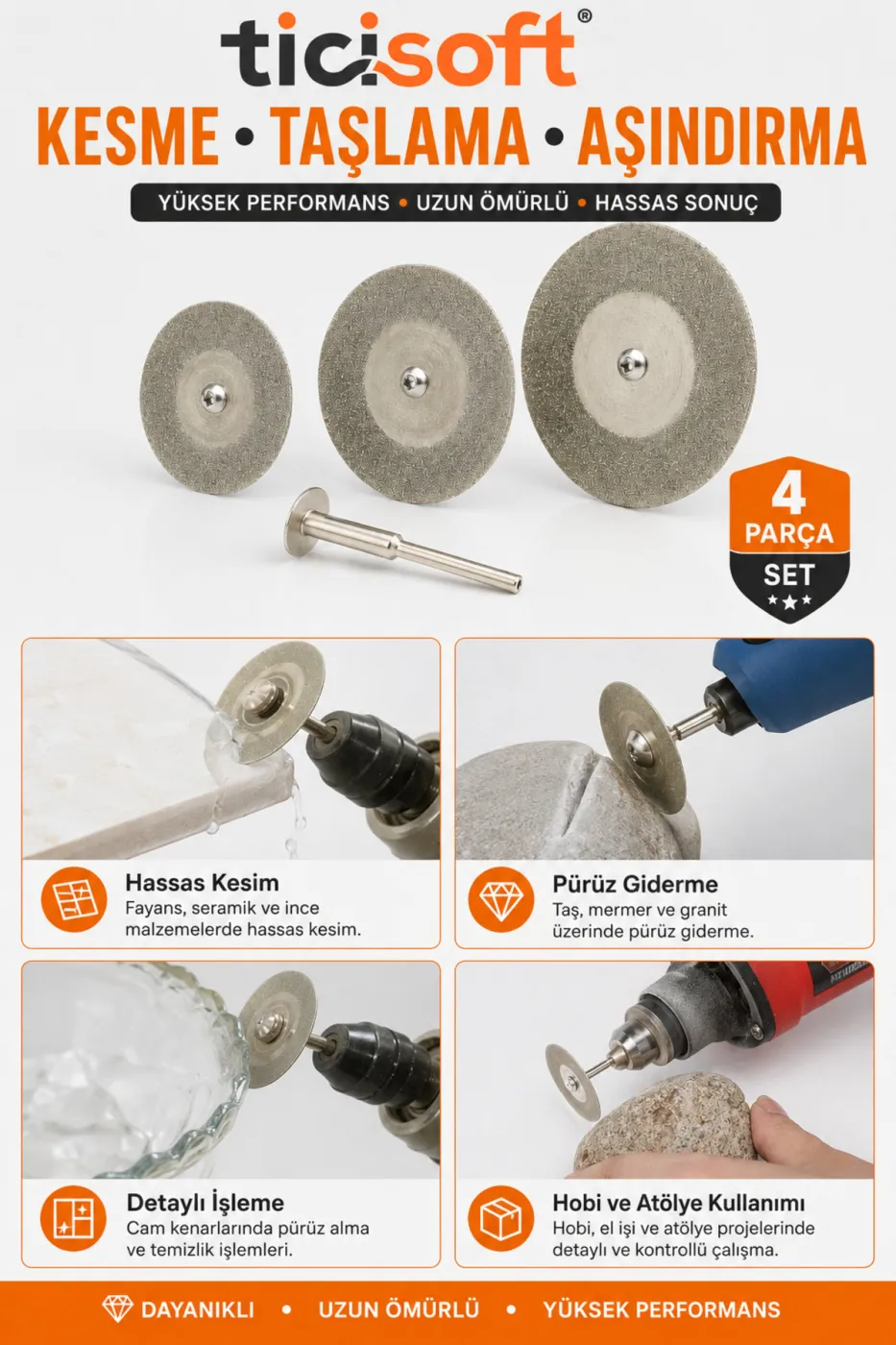 4 Parça Elmas Dremel Disk Seti 3-4-5 cm Cam Mermer Granit Taş Fayans Kesme Zımparalama Diski Mandrelli