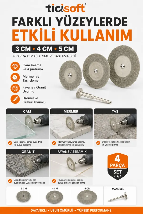 4 Parça Elmas Dremel Disk Seti 3-4-5 cm Cam Mermer Granit Taş Fayans Kesme Zımparalama Diski Mandrelli