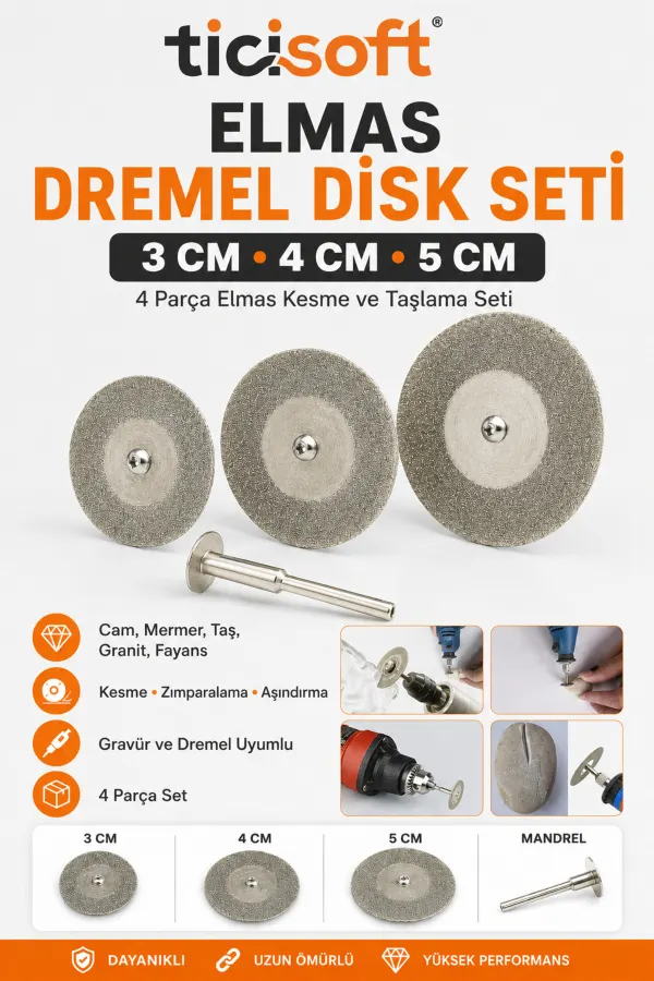 4 Parça Elmas Dremel Disk Seti 3-4-5 cm Cam Mermer Granit Taş Fayans Kesme Zımparalama Diski Mandrelli