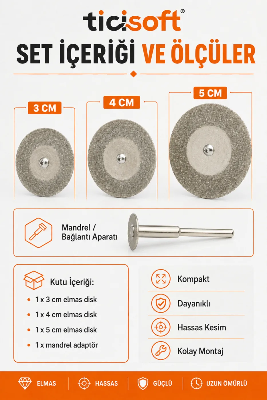 4 Parça Elmas Dremel Disk Seti 3-4-5 cm Cam Mermer Granit Taş Fayans Kesme Zımparalama Diski Mandrelli