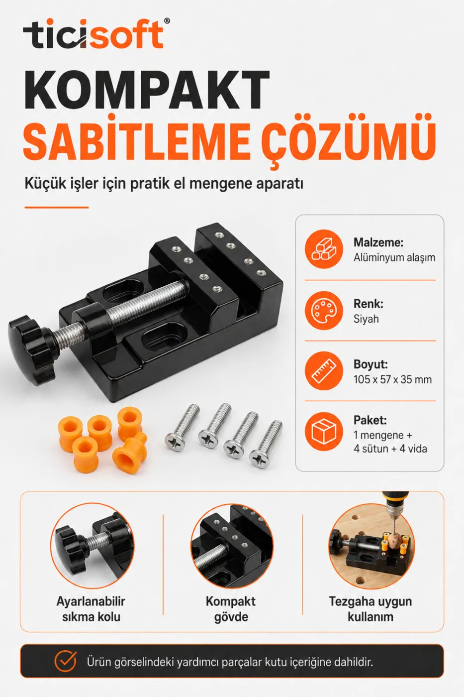 Mini Tezgah Mengenesi Alüminyum Alaşım El Mengenesi Ayarlanabilir Sabitleme Kelepçesi 4 Konik Sütunlu