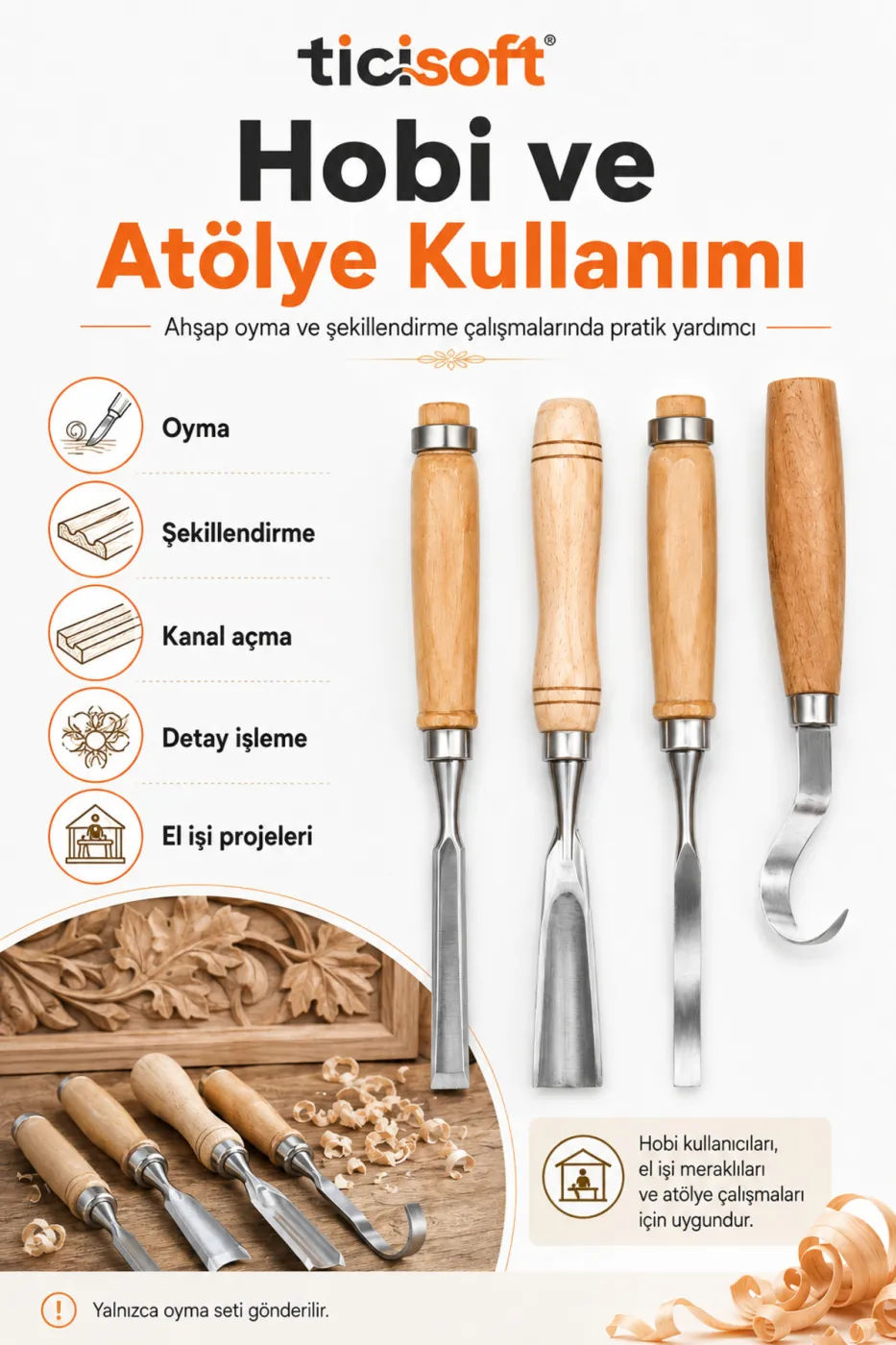 4 Parça Ahşap Oyma Iskarpela Seti Kıvrık Uçlu Carving Chisel Ahşap Şekillendirme El Oyma Takımı
