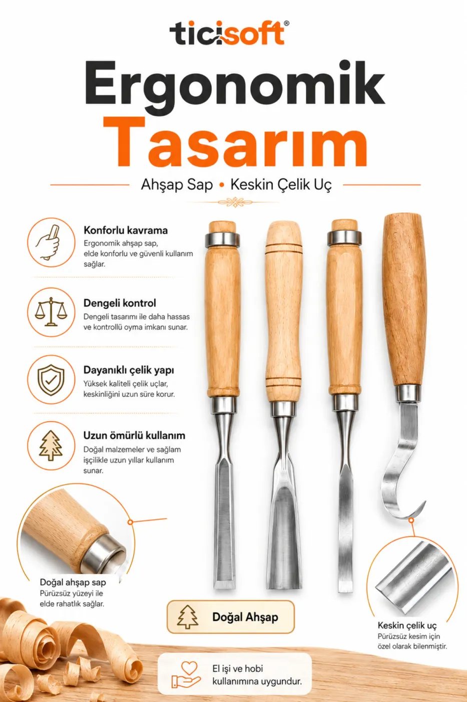 4 Parça Ahşap Oyma Iskarpela Seti Kıvrık Uçlu Carving Chisel Ahşap Şekillendirme El Oyma Takımı