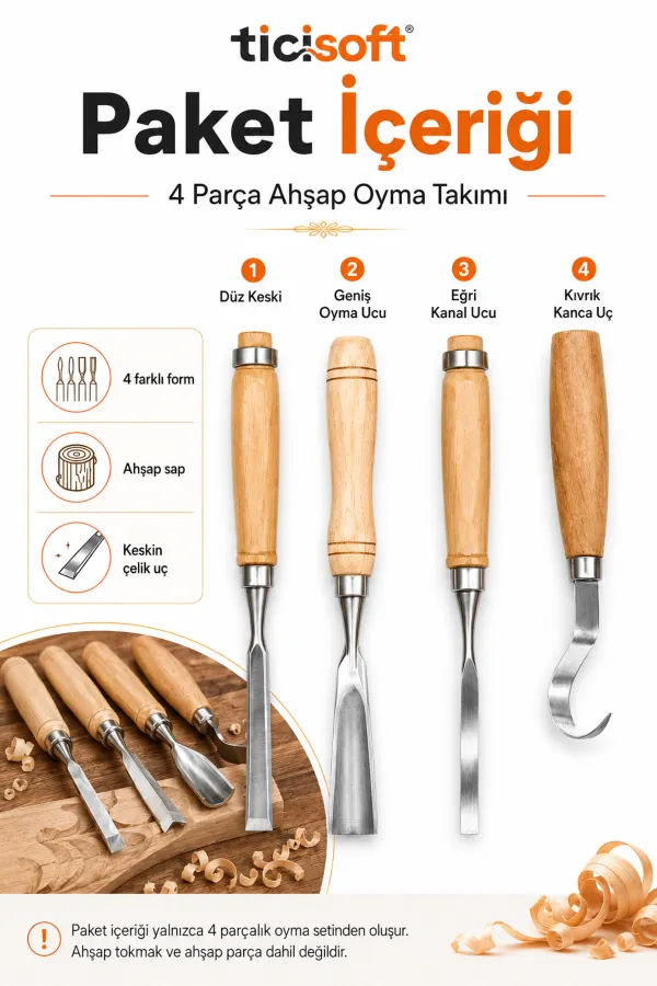 4 Parça Ahşap Oyma Iskarpela Seti Kıvrık Uçlu Carving Chisel Ahşap Şekillendirme El Oyma Takımı
