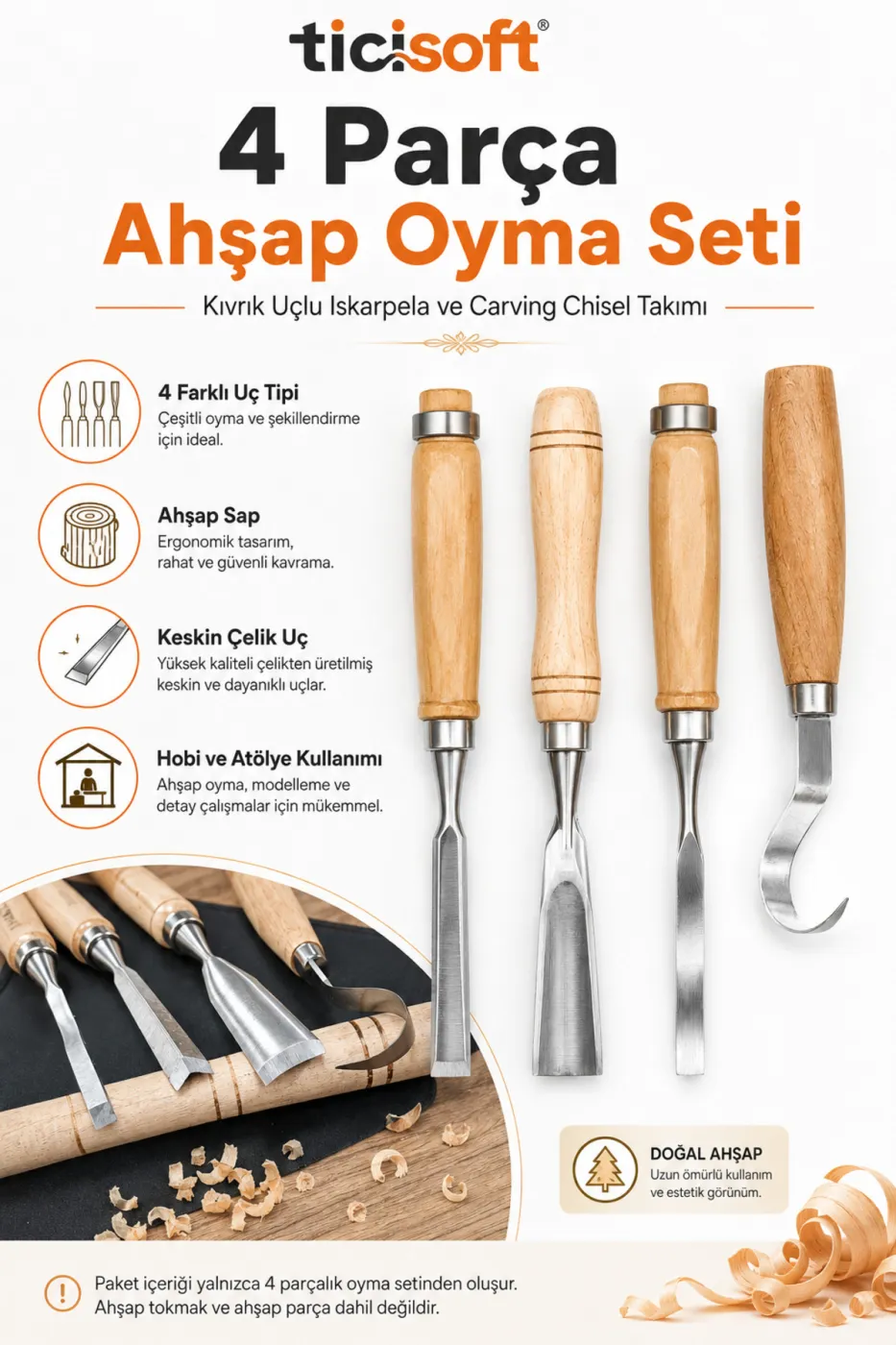 4 Parça Ahşap Oyma Iskarpela Seti Kıvrık Uçlu Carving Chisel Ahşap Şekillendirme El Oyma Takımı