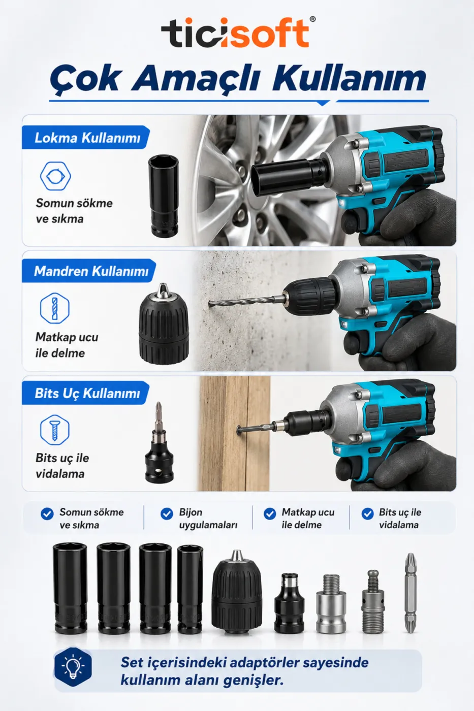Somun Sökme Sıkma Makinesi İçin 4’lü Derin Lokma Seti 17-18-19-21 mm 1/2 Mandren ve Bits Adaptör Seti